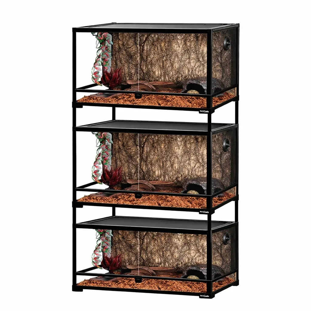 Stacked glass reptile terrariums with front opening doors, natural decor, and ventilation.