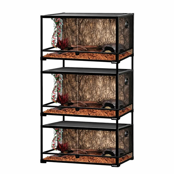 Stacked glass reptile terrariums with front opening doors, natural decor, and ventilation.