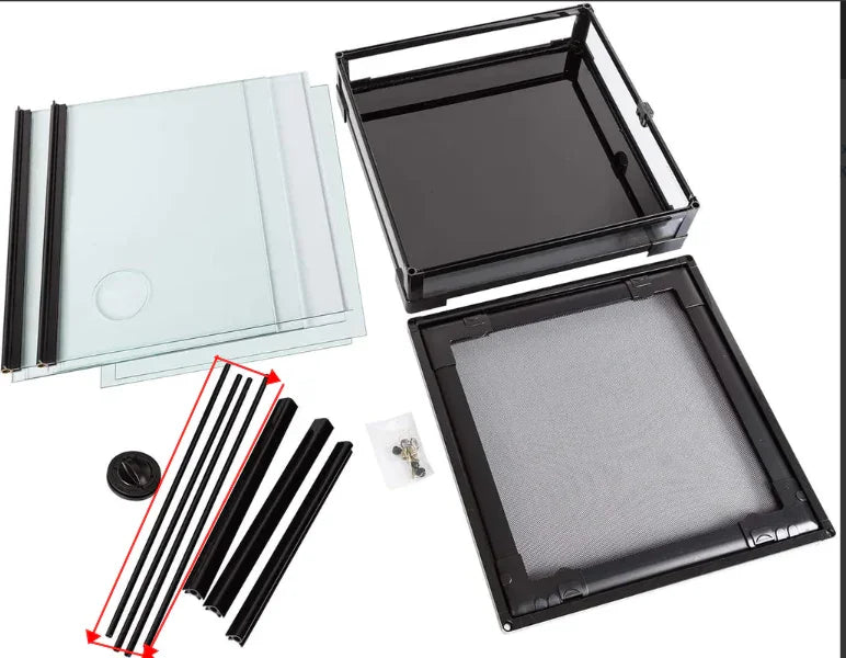 Reptile terrarium glass panels, mesh screen top, frame parts, and assembly hardware kit