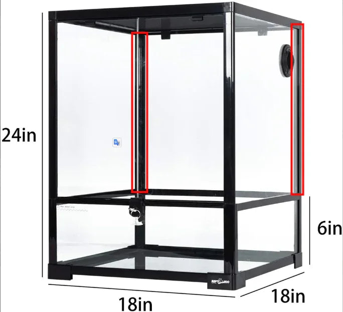 Glass reptile terrarium 18x18x24 inches with front doors, side ventilation shown