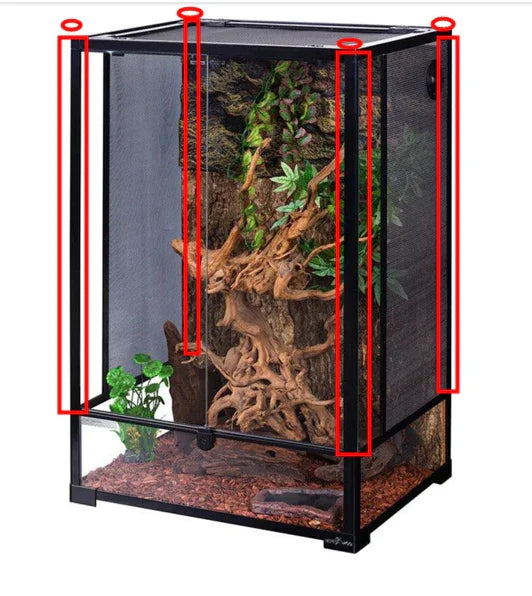 Vertical reptile terrarium with mesh sides, natural decor, and highlighted frame for easy assembly. Main image