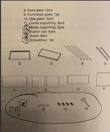 Illustrated reptile terrarium assembly parts list showing glass panels, supports, screws, and tools.