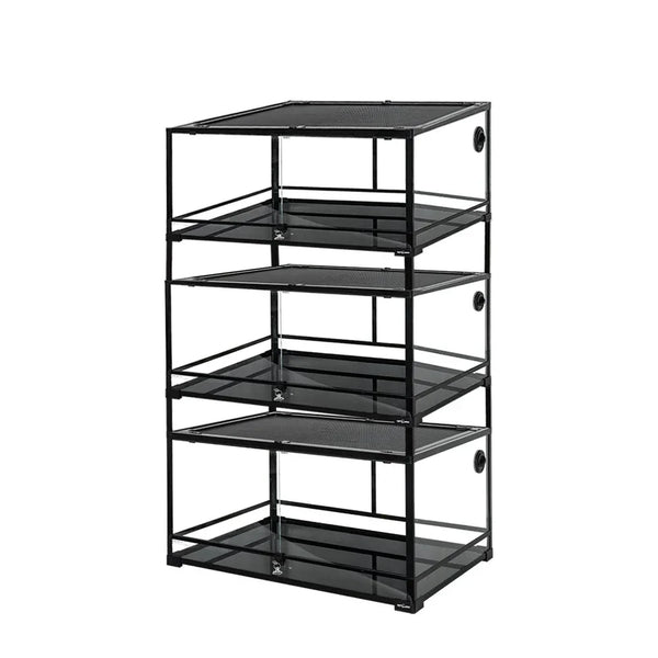 Stacked black metal and glass reptile terrarium enclosure with mesh tops
