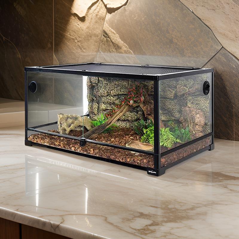 Glass reptile terrarium with naturalistic background, ventilation, and wood substrate on countertop
