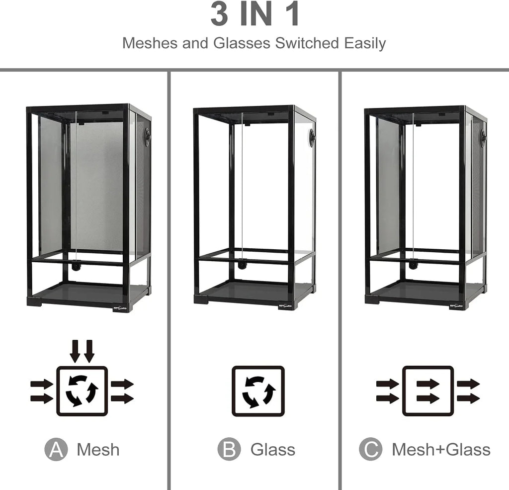 Three-in-one reptile terrarium showing mesh, glass, and mesh plus glass configurations.