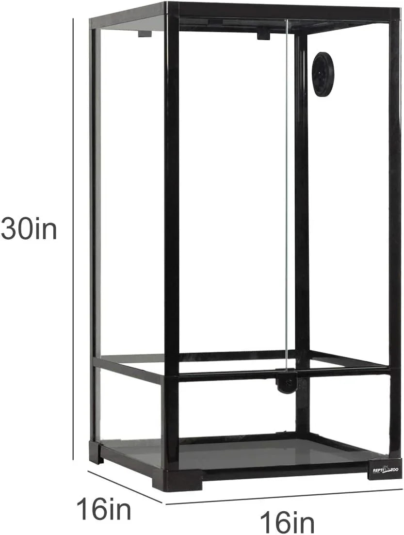 Tall glass reptile terrarium with black frame, 30x16x16 inches, front ventilation panel.