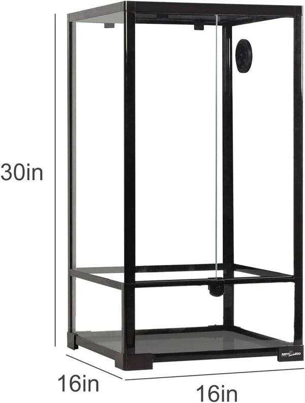Tall glass reptile terrarium with black frame, 30x16x16 inches, front ventilation panel.