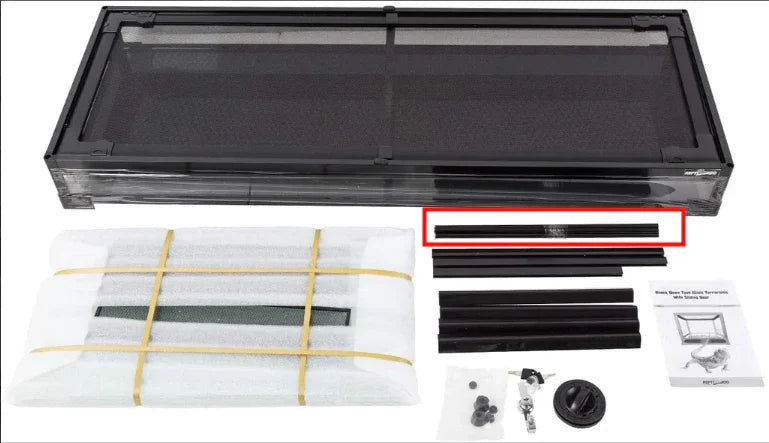 Reptile terrarium kit with mesh lid, glass panels, frame parts, accessories, and instructions Main image