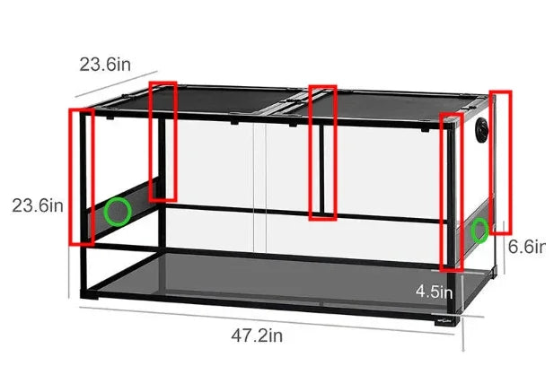 Glass reptile terrarium with mesh top, sliding doors, and dimensions labeled in inches. Main image