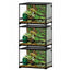 Stackable glass reptile terrariums with tropical plants and ventilation, perfect for lizards or snakes.