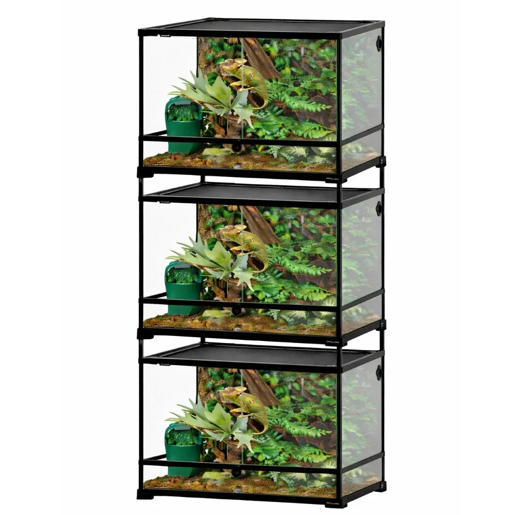 Stackable glass reptile terrariums with tropical plants and ventilation, perfect for lizards or snakes.