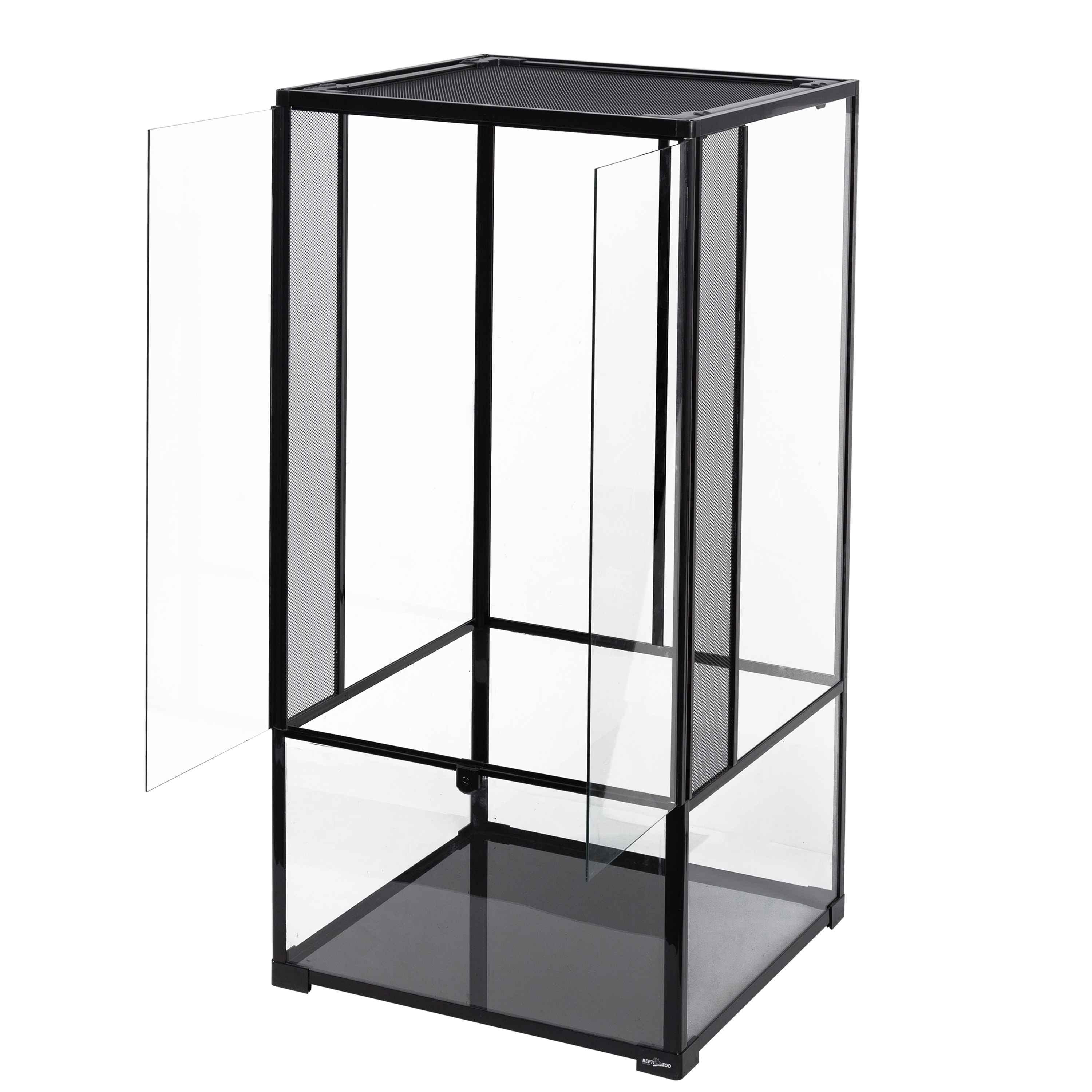 Tall glass reptile terrarium with mesh sides and sliding doors, ideal for reptiles or amphibians