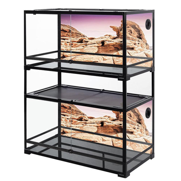 Stacked glass reptile terrariums with desert rock background, front sliding doors, and mesh tops
