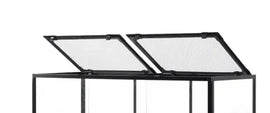 Glass reptile terrarium with dual hinged mesh lids, ideal for reptiles or amphibians.