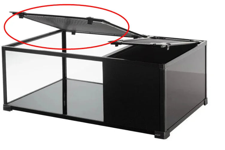 Replacement mesh screen lid for glass reptile terrarium cage, highlighted in red circle