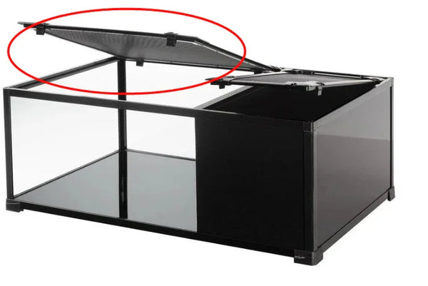 Replacement mesh screen lid for glass reptile terrarium cage, highlighted in red circle