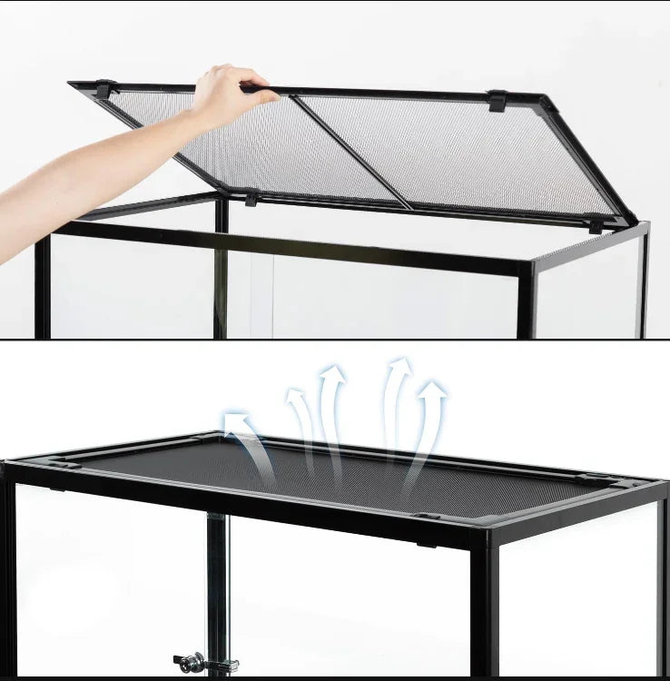 Mesh top reptile terrarium with hinged lid and ventilation arrows for airflow Main image