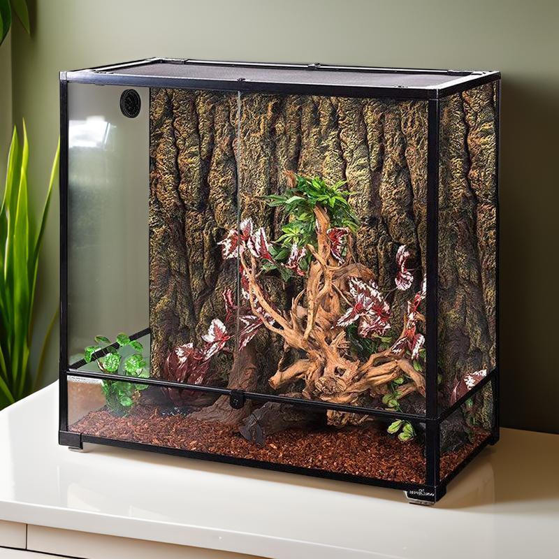 100 gallon reptile terrarium with glass walls, naturalistic décor, and bark backdrop