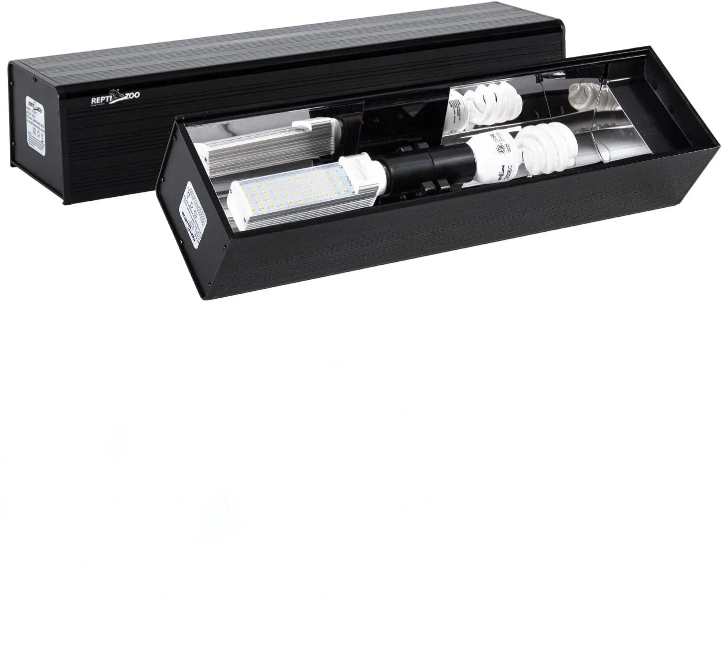 Black LED UVB lighting fixture for reptile terrarium with visible bulbs and reflective interior Main image