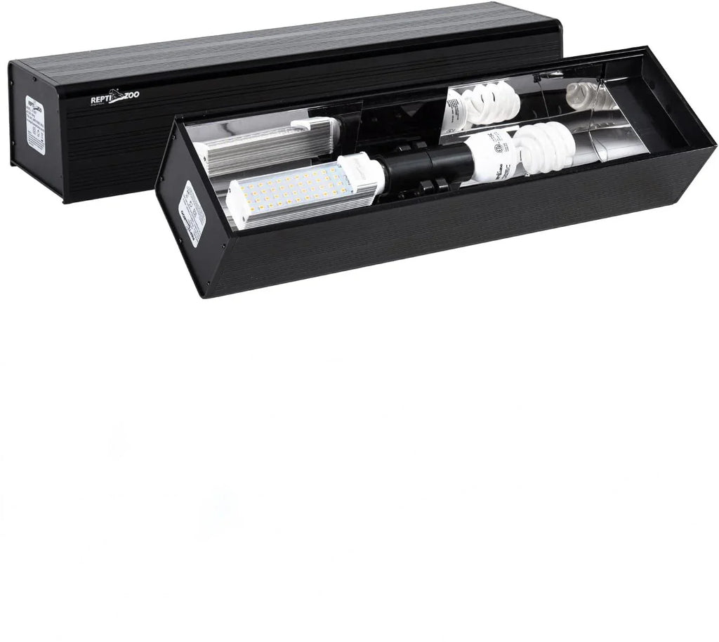 Black LED UVB lighting fixture for reptile terrarium with visible bulbs and reflective interior