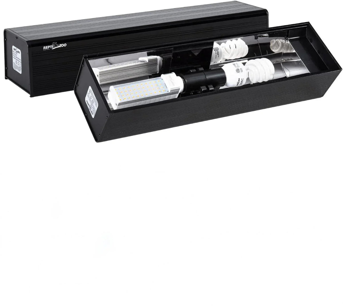 Black LED UVB lighting fixture for reptile terrarium with visible bulbs and reflective interior