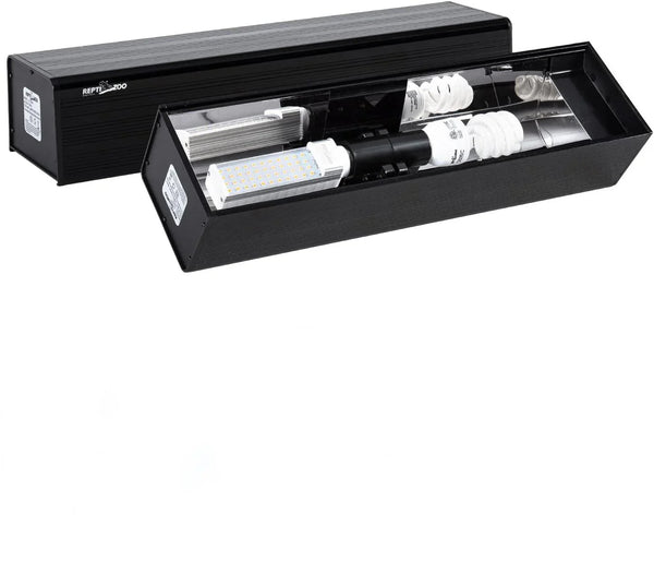 Black LED UVB lighting fixture for reptile terrarium with visible bulbs and reflective interior