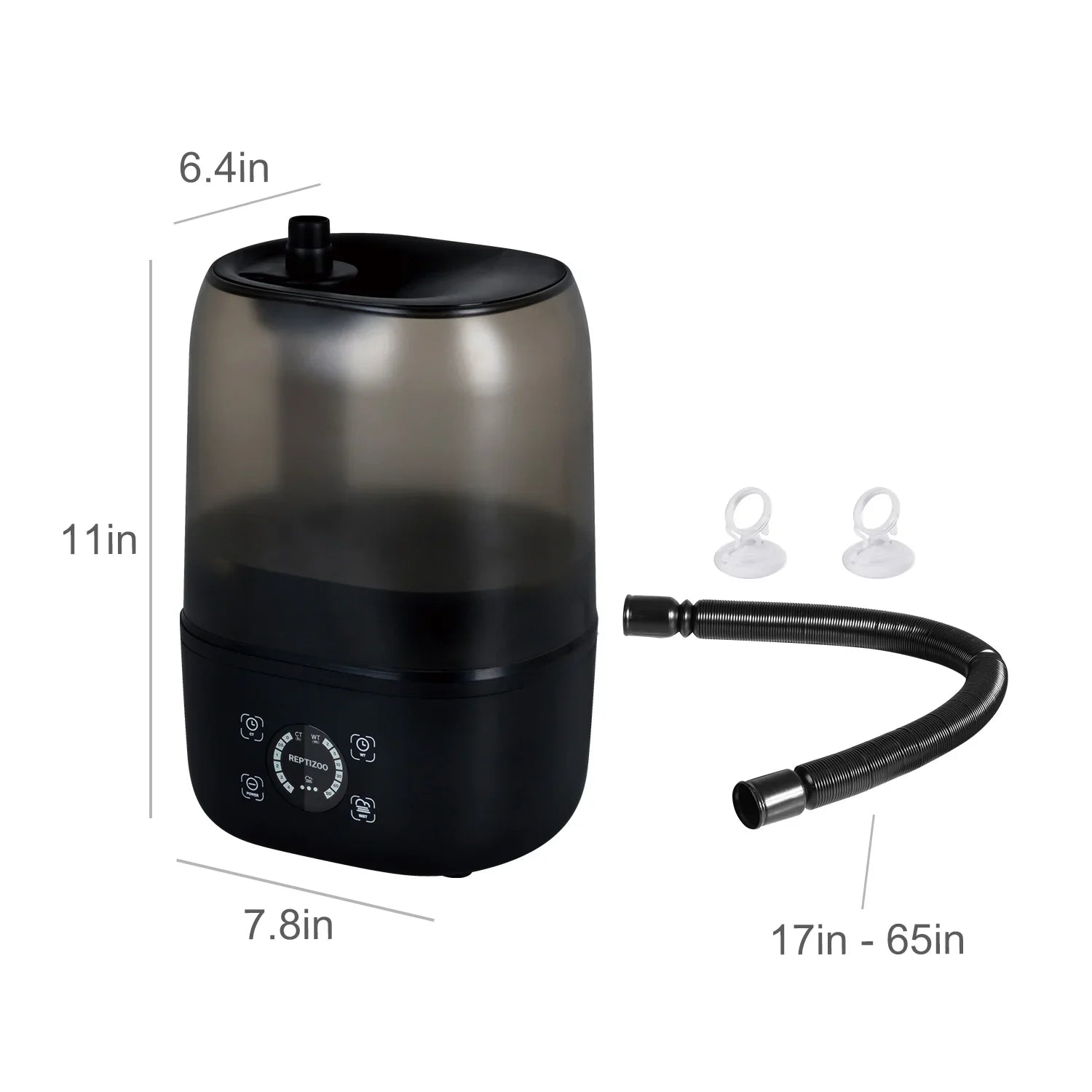 Black reptile humidifier with digital control, flexible hose, and measurements, ideal for terrariums