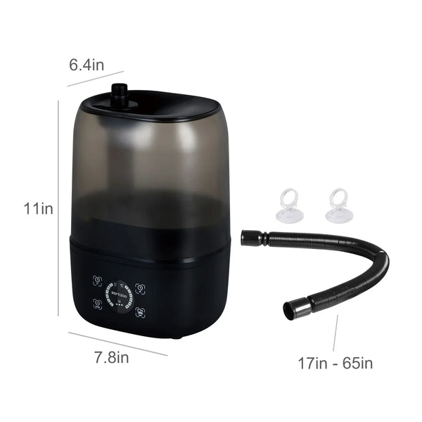 Black reptile humidifier with digital control, flexible hose, and measurements, ideal for terrariums
