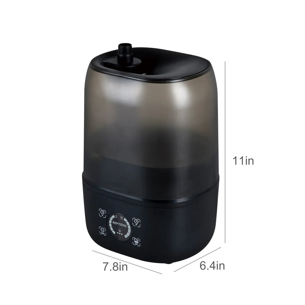 Black reptile terrarium humidifier with digital controls, dimensions 11x7.8x6.4 inches