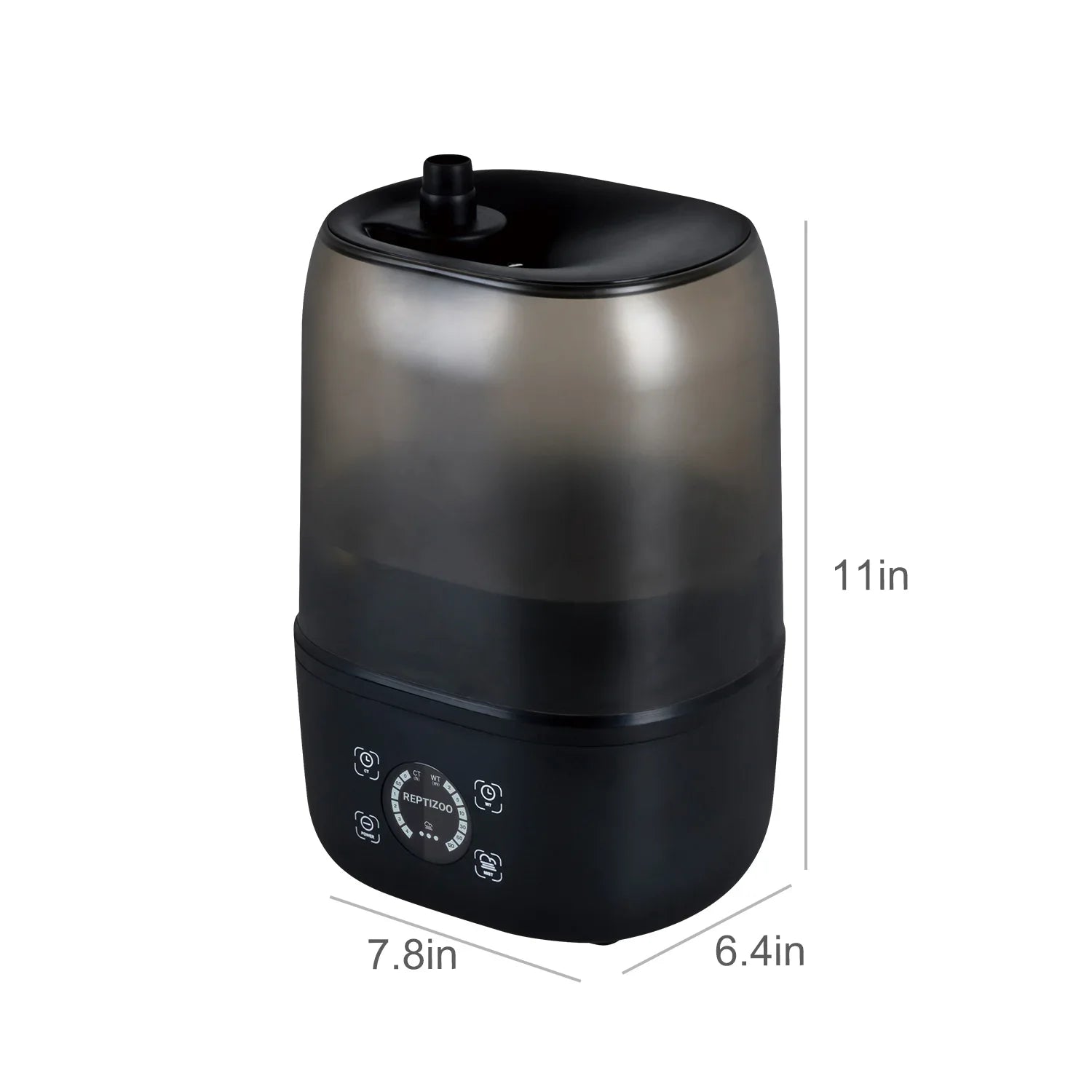 Black reptile terrarium humidifier with digital controls, dimensions 11x7.8x6.4 inches