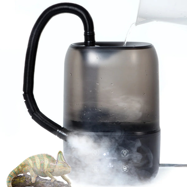 Reptile fogger humidifier with flexible hose, mist output, and chameleon on branch