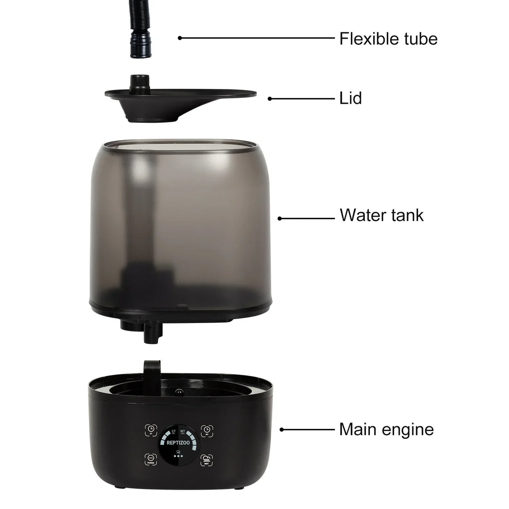 Labeled diagram of reptile fogger parts: flexible tube, lid, water tank, main engine