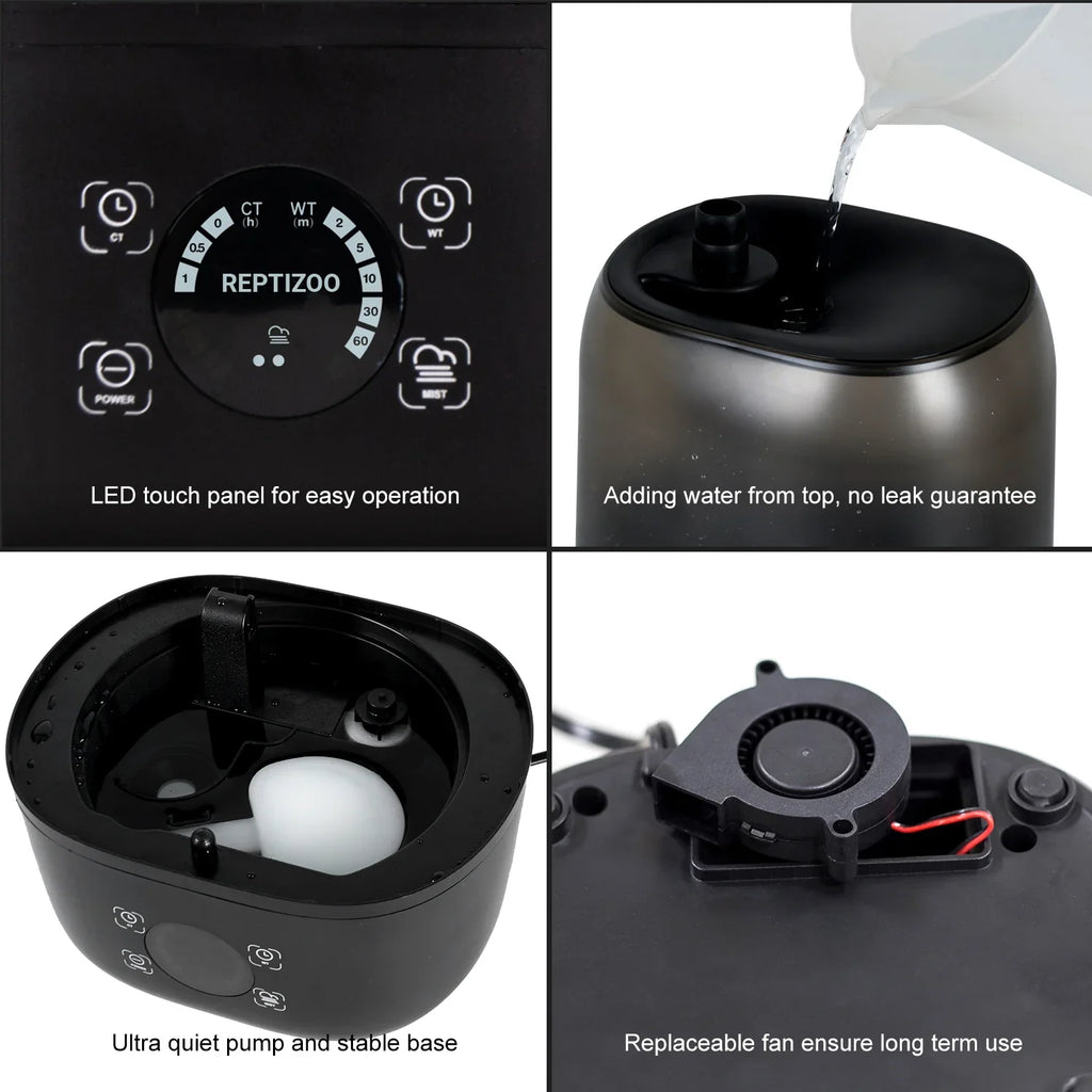 Reptile terrarium humidifier with LED touch panel, top-fill design, quiet pump, replaceable fan