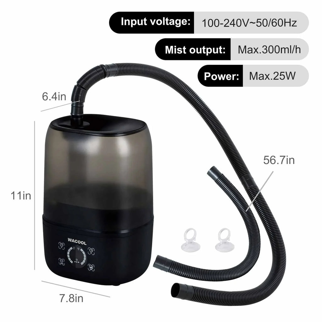 Reptile terrarium humidifier with flexible hose, power specs, and suction cups shown.