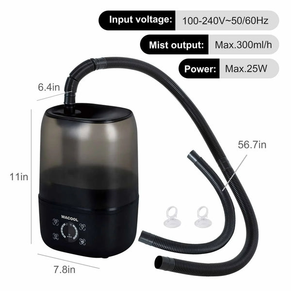 Reptile terrarium humidifier with flexible hose, power specs, and suction cups shown.