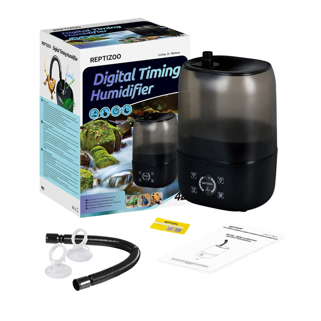Digital timing humidifier for reptile terrariums with box, hose, and accessories