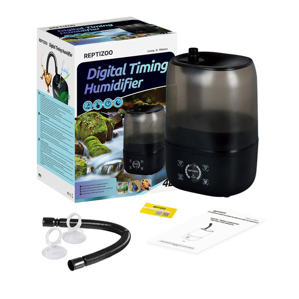Digital timing humidifier for reptile terrariums with box, hose, and accessories