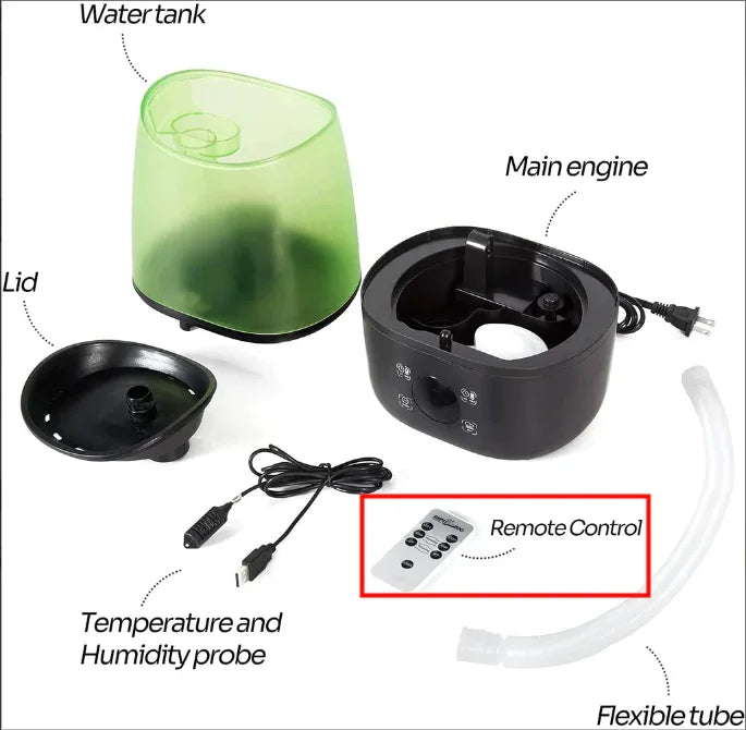 Reptile humidifier parts including water tank, main engine, lid, temperature and humidity probe, remote control, and flexible tube. Main image
