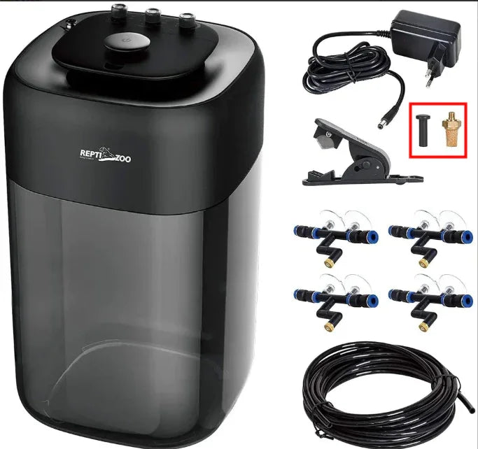 Automatic reptile misting system kit with water reservoir, spray nozzles, tubing, and power adapter. Main image