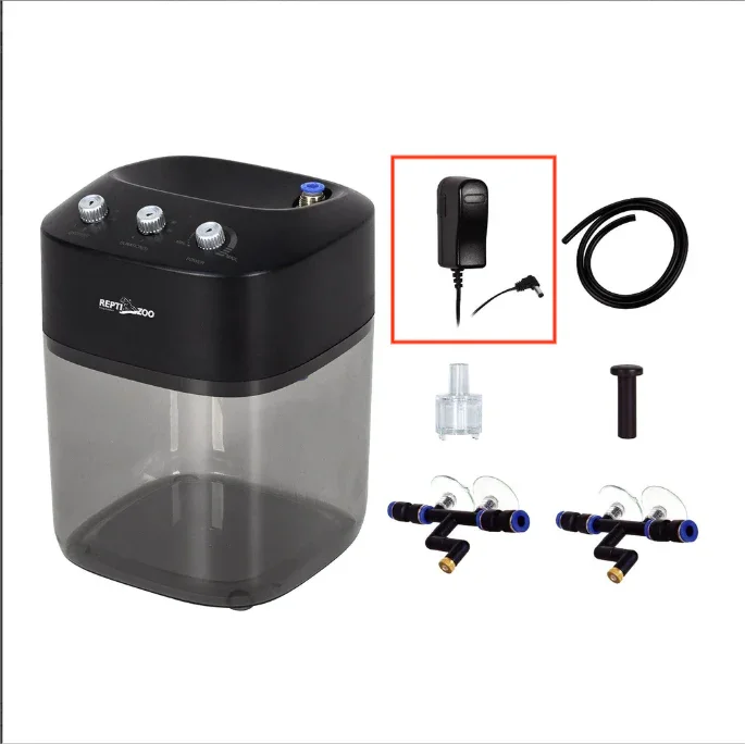 Reptile terrarium misting system with main unit, power adapter, tubing, filter, and nozzles. Main image