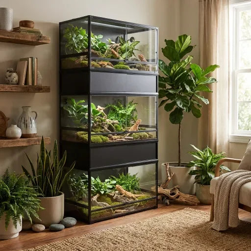 Stacked reptile terrariums with UVB lights and plants in a sunlit modern living room