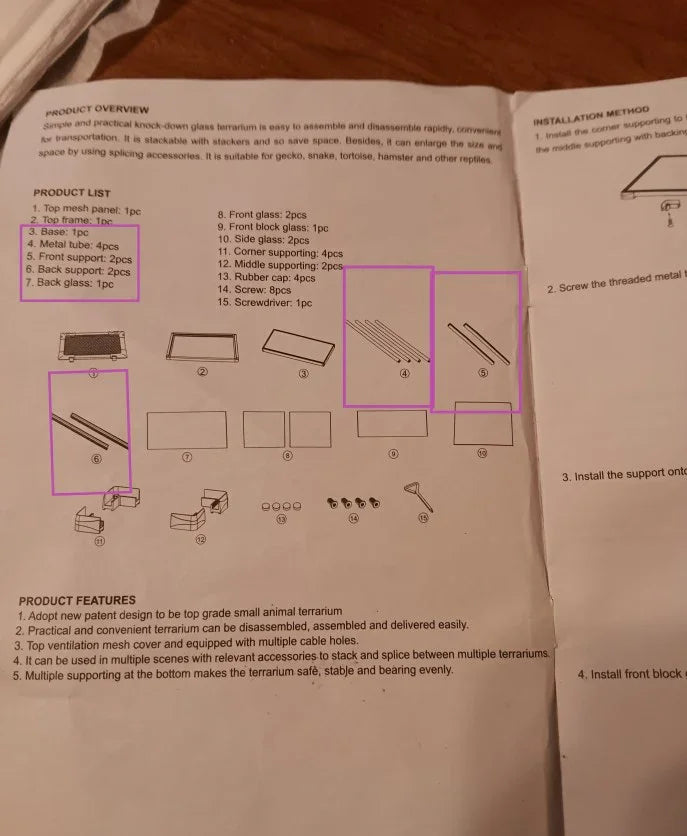 Instruction manual for reptile terrarium assembly showing labeled glass panels and accessories.