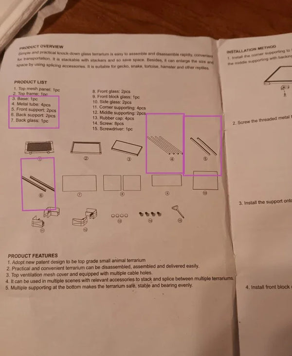 Instruction manual for reptile terrarium assembly showing labeled glass panels and accessories.