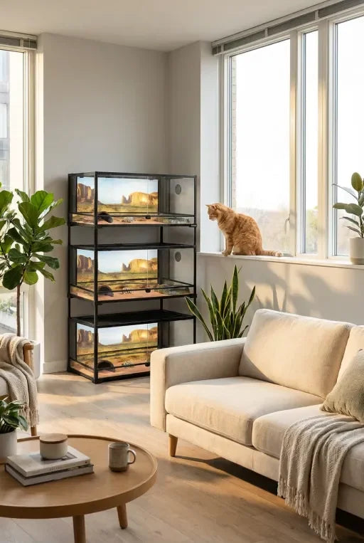 Modern living room with stackable reptile terrariums, cat by large windows, indoor plants