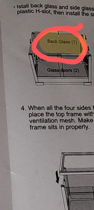 Reptile terrarium assembly instructions showing back glass panel installation diagram. Main image