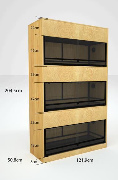 Custom wooden reptile terrarium with three glass enclosures, labeled dimensions in centimeters.