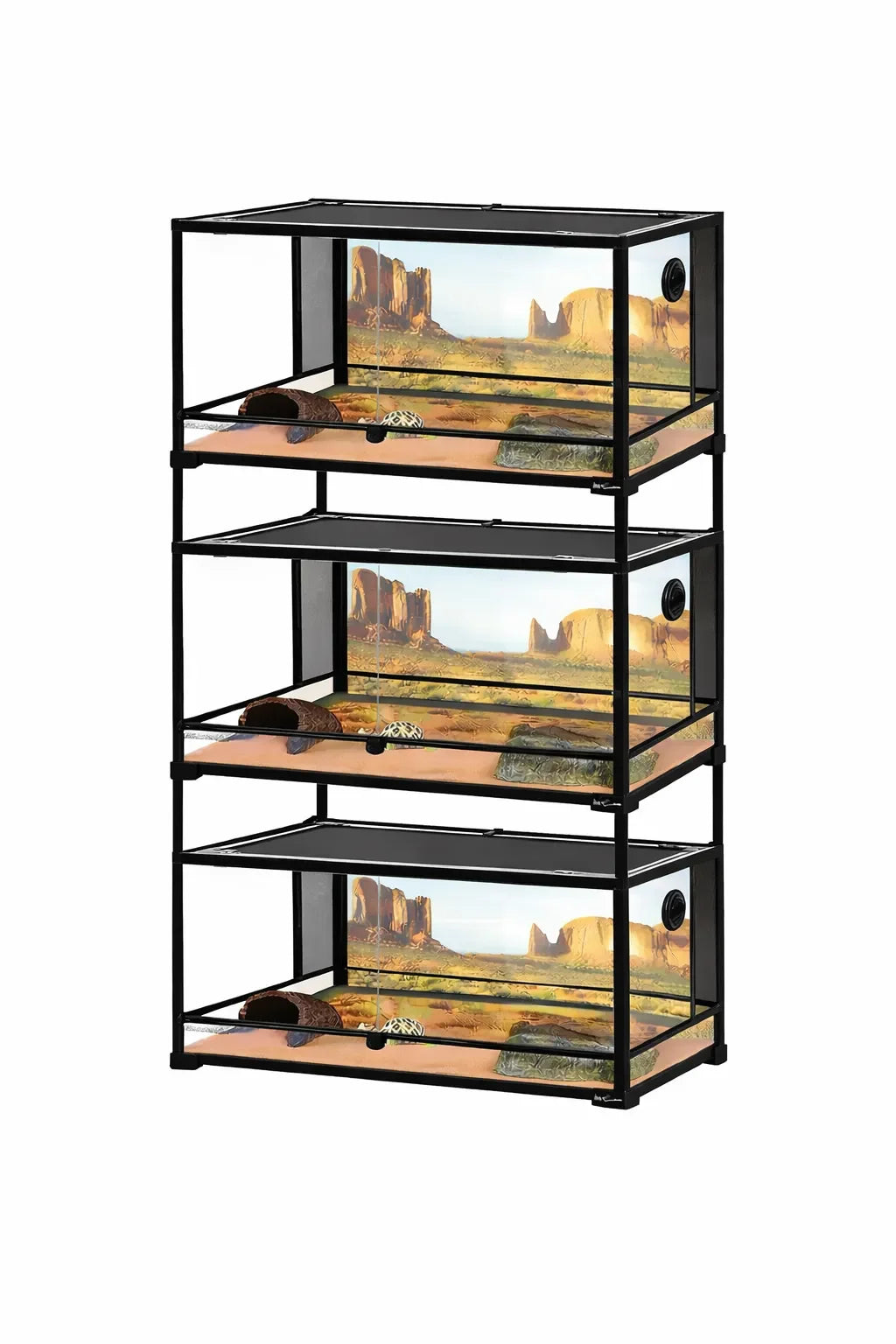 Stacked glass reptile terrariums with desert background and habitat decor, side ventilation