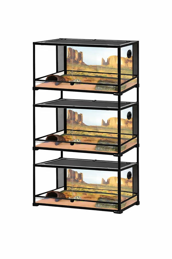 Stacked glass reptile terrariums with desert background and habitat decor, side ventilation