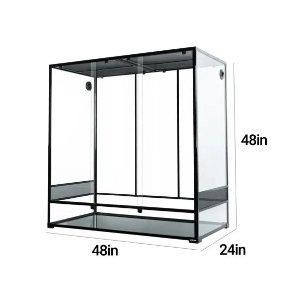 Large glass reptile terrarium 48x24x48 inches with black frame and sliding doors