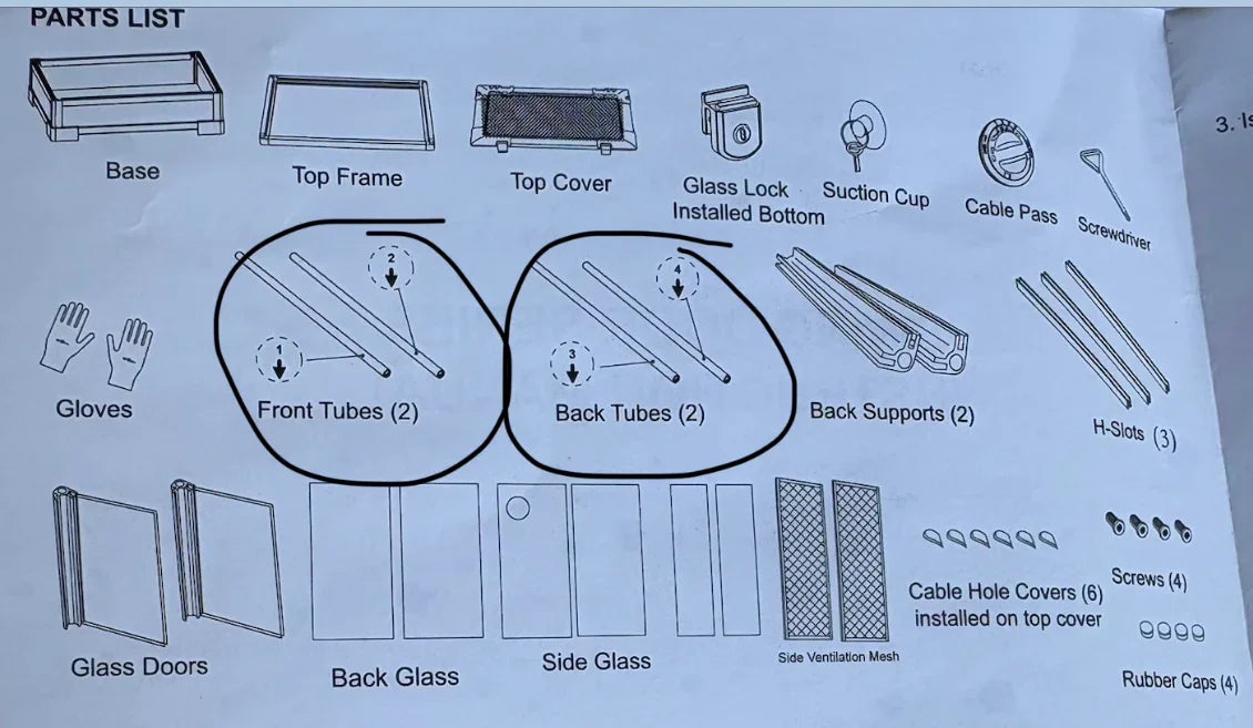 Parts list with labeled reptile terrarium components, including front tubes, back tubes, glass doors, and mesh. Main image